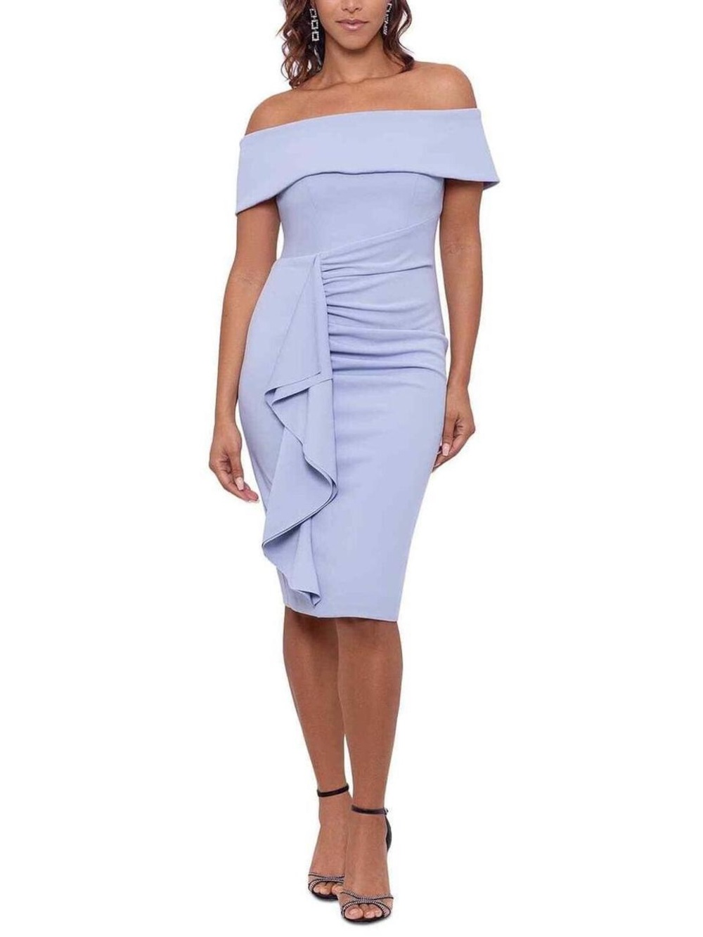 XSCAPE Midi Strapless Ruffle Dress